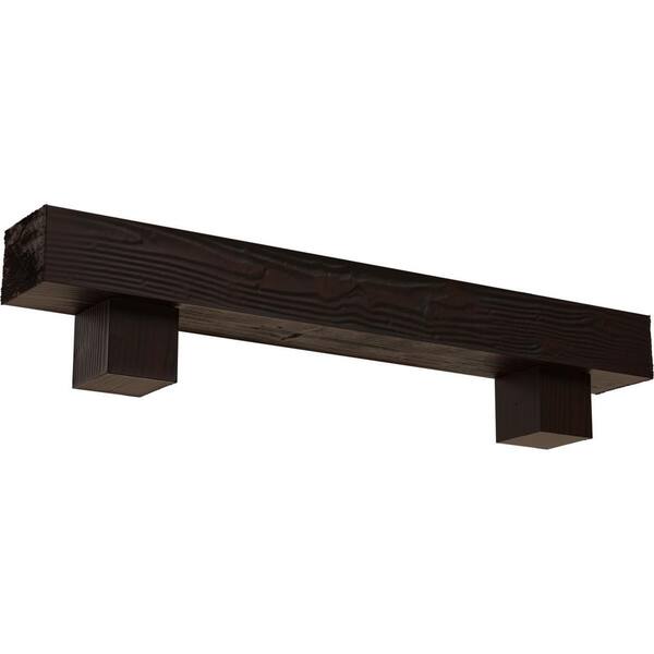 Ekena Millwork 8 in. x 12 in. x 5 ft. Sandblasted Faux Wood Fireplace Mantel Kit, Alamo Corbels, Premium Hickory