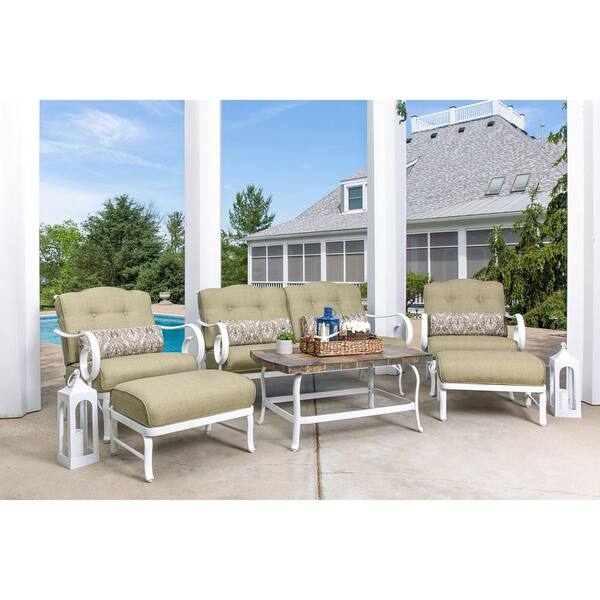 Hanover Oceana White Aluminum 6-Piece Patio Seating Set with a Stone-Top Coffee Table and Vintage Meadow Cushions