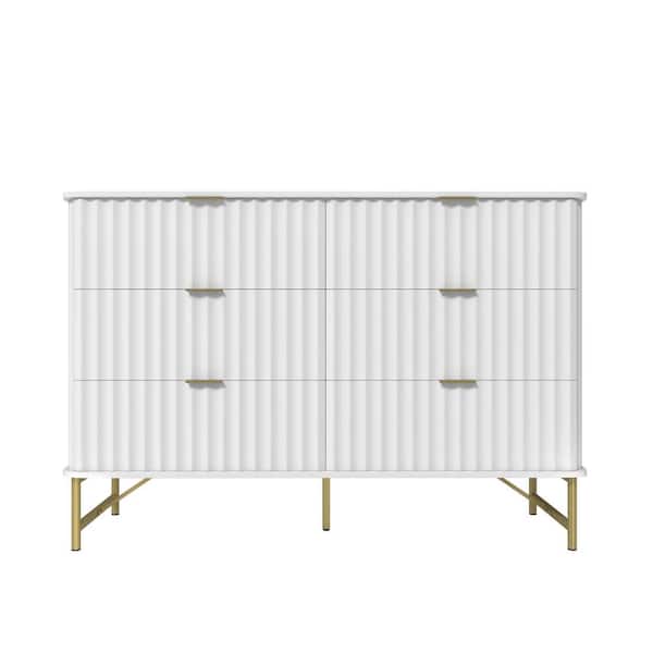 Modern White 6-Drawer Accent Storage Cabinets 31.5 in. H Chest with Arched Grooved Panels and Crossbar Metal Legs