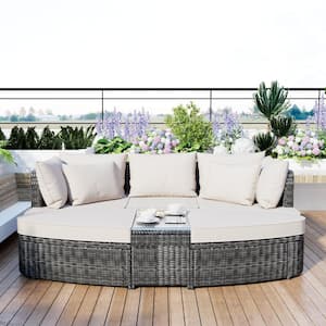 6-Piece PE Wicker Rattan Outdoor Conversation Round Sofa Sectional Set with Coffee Table and Beige Cushions