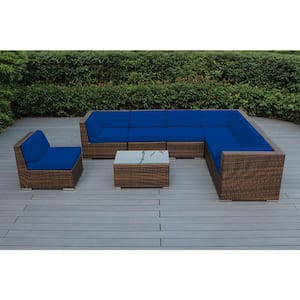Mixed Brown 8-Piece Wicker Patio Seating Set with Sunbrella Pacific Blue Cushions