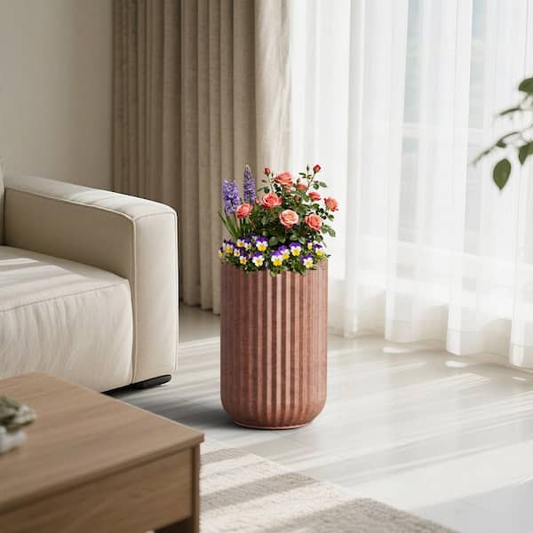 14in.W x 21.5in.H Concrete Dark Brown Flower Planter Extra Large Modern Design Tall Round Plant Pot with Drainage Hole