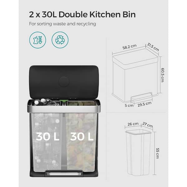 SONGMICS Double Rubbish Bin, 2 x 30L Waste and Recycling Kitchen Bin with  15 Rubbish Bags, Metal Pedal Bin, Plastic Inner Buckets and Hinged Lids,  Handles, Soft Closure, Airtight, Black LTB60BK: Buy