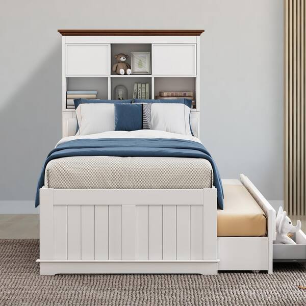 Hermione White Wood Frame Twin Platform Bed with Trundle Bed and 3 ...