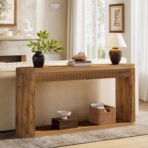 Benjamin 63 in. Brown Rectangle Wood Fluted Console Table for Entryway, Long Sofa Table Behind Couch Table with Storage