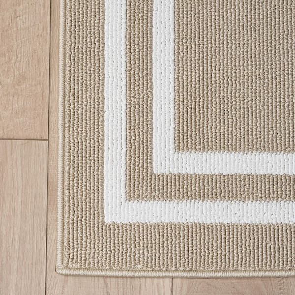 Washable Skid Resistant Beige /White  2.6 ft. x 12 ft. All Loop Tufted Area Rug