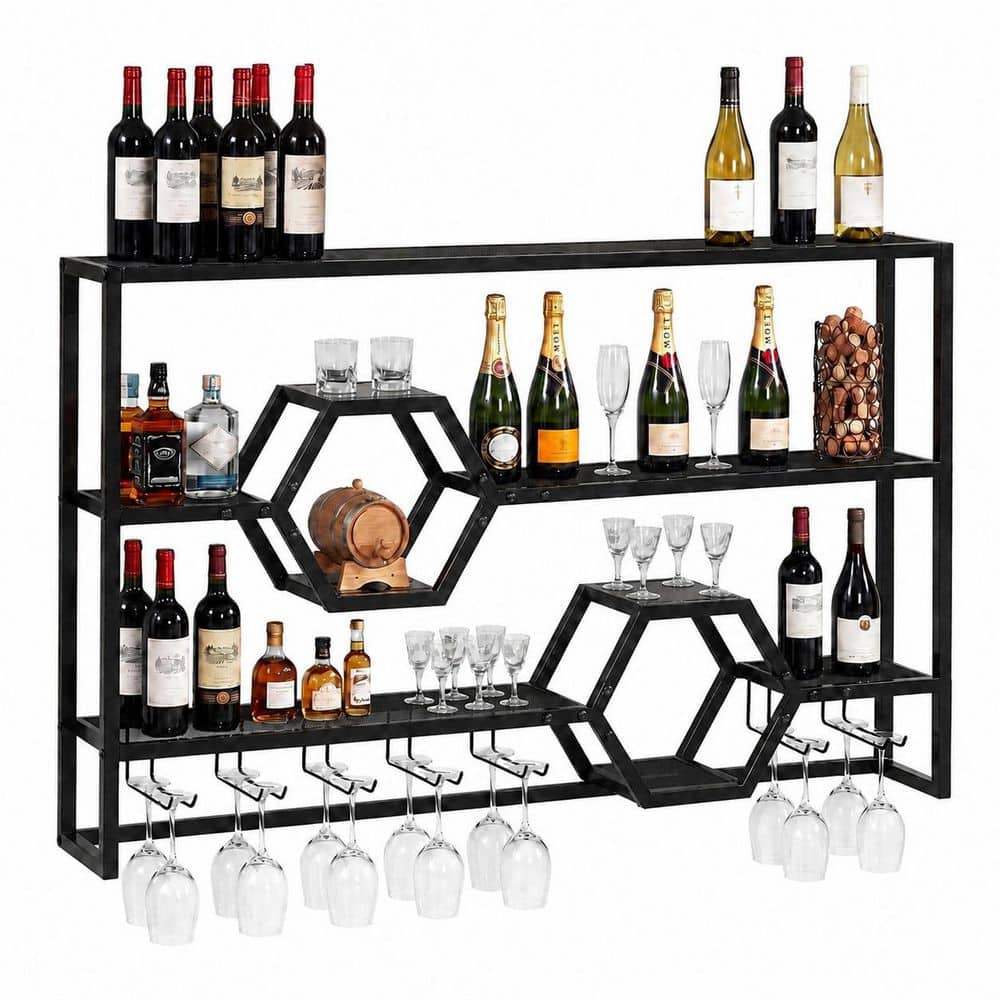 47 in Black Metal Wall Mounted Wine Rack with Floating Shelves and Stemware Storage