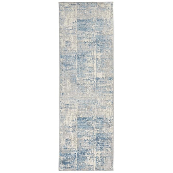 Nourison Solace Ivory/Grey/Blue 2 ft. x 7 ft. Abstract Contemporary Kitchen Runner Area Rug