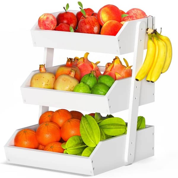 1 Piece 3-Tier with Banana Hangers Bamboo Fruit Basket Kitchen Storage Set in White for Family Kitchen Counter