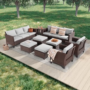 9-Piece Brown Wicker Outdoor Seating Sofa Set with Coffee Table, Linen Grey Cushions