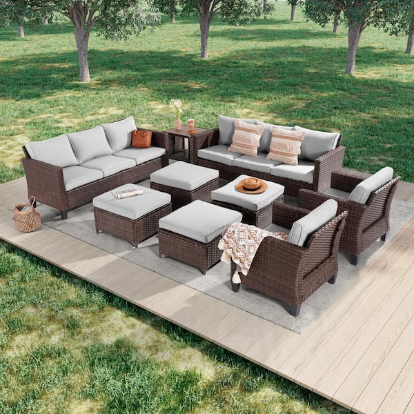 JOYESERY 9-Piece Brown Wicker Outdoor Seating Sofa Set with Coffee Table, Linen Grey Cushions