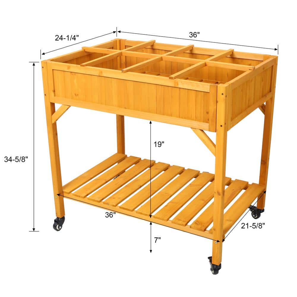 Elevated Mobile Brown Wood Herb Garden Bed with Lockable Wheels