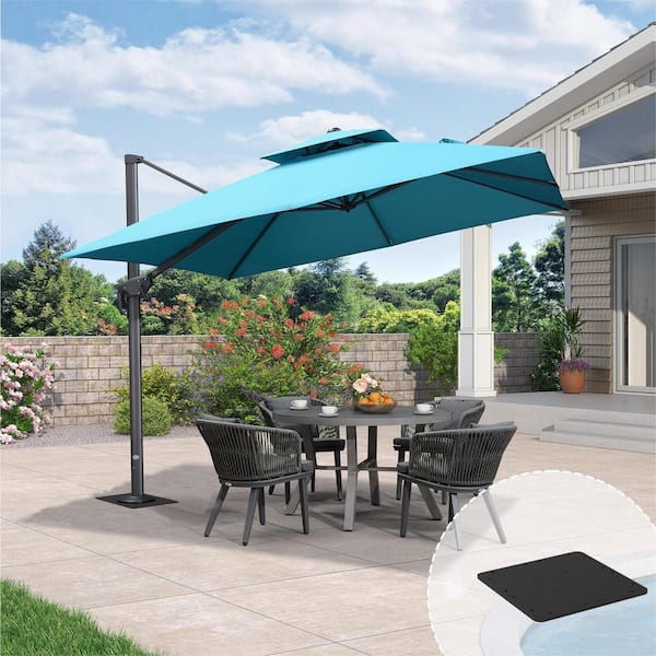 PURPLE LEAF 10 sq. ft. 2-Tier Aluminum Cantilever 360° Rotation Patio Umbrella with Base Plate, Turquoise Blue