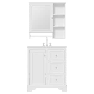 29.96 in. W Single Sink Bath Vanity in White with White Ceramic Top, 3 Drawers, Adjustable Shelves and Mirror Cabinet