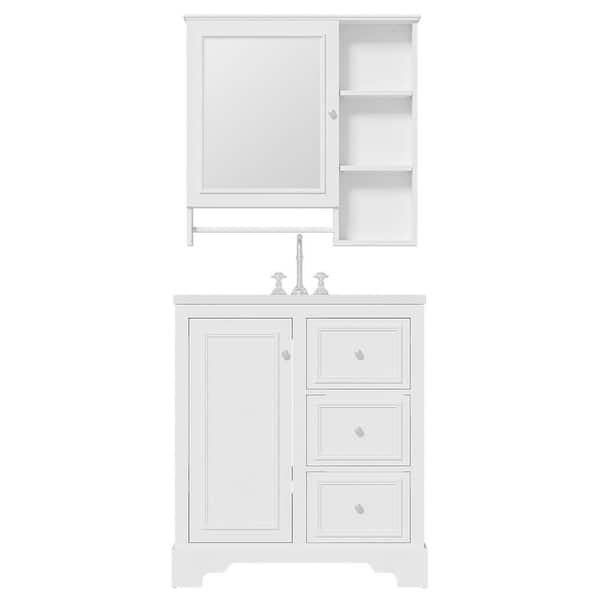 29.96 in. W Single Sink Bath Vanity in White with White Ceramic Top, 3 Drawers, Adjustable Shelves and Mirror Cabinet