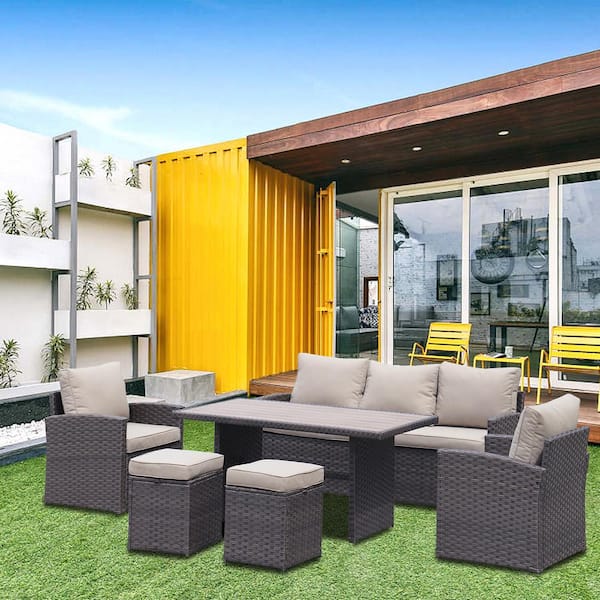 Tunearary Brown 6-Piece Outdoor Rattan Conversation Sofa Set with Gray Cushions and Dining Table