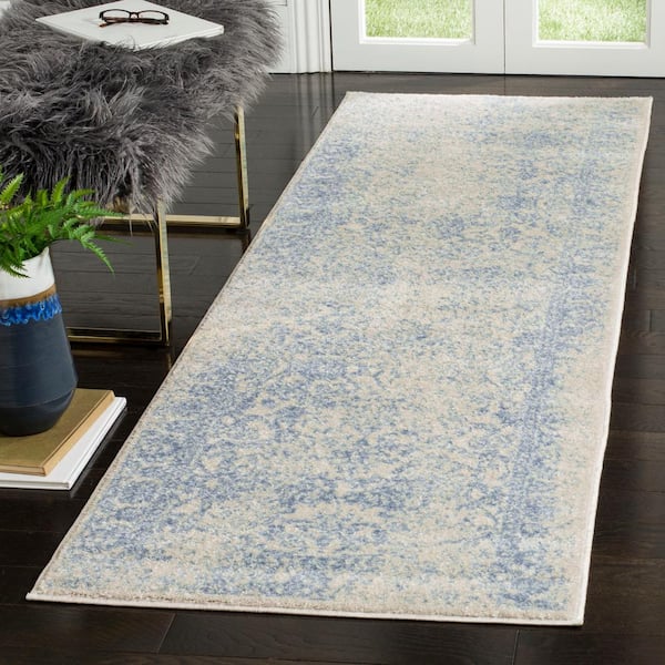 Adirondack Ivory/Light Blue 3 ft. x 18 ft. Border Distressed Runner Rug