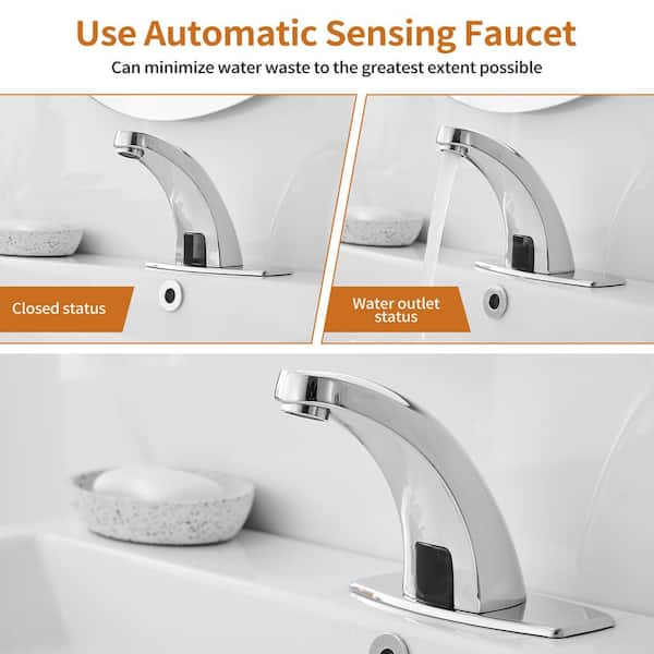 DC Powered Commercial Touchless Single Hole Bathroom Faucet With Deck Plate & Pop Up Drain In Polished Chrome
