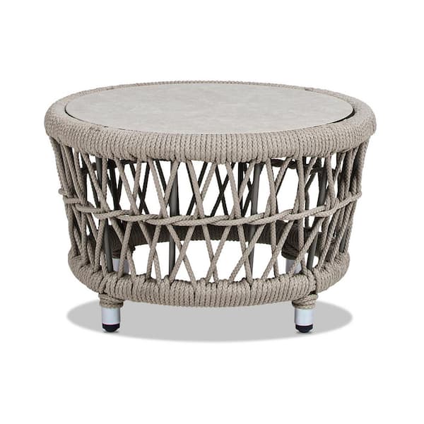 Everly 23 in Round Woven Patio Coffee Table in Light Beige Olefin
