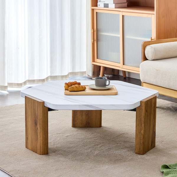 Zeus & Ruta MDF Coffee Table with White Tabletop And Wooden Toned Legs For Living Rooms And Guest Rooms