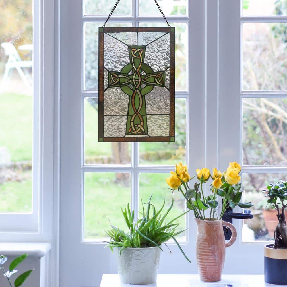 Green and Amber Stained Glass Celtic Cross Window Panel, 18" x 12"