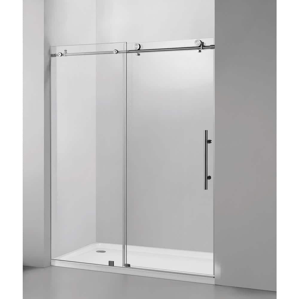 60 in. x 76 in. Frameless Clear Glass Sliding Shower Door with Brushed Nickel Finish