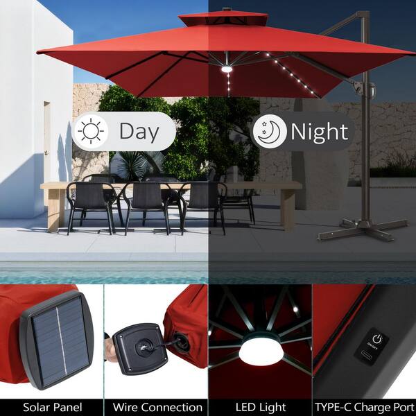 13.5 ft. x 10 ft. Solar LED Rectangular 360° Rotation Tiltable Cantilever Patio Umbrella with Base Included in Red
