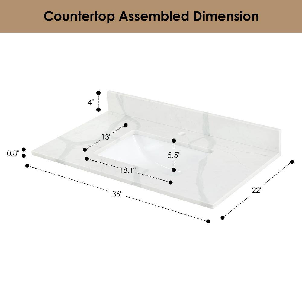Arbios 36" Calacatta White Quartz Vanity Top with Sink