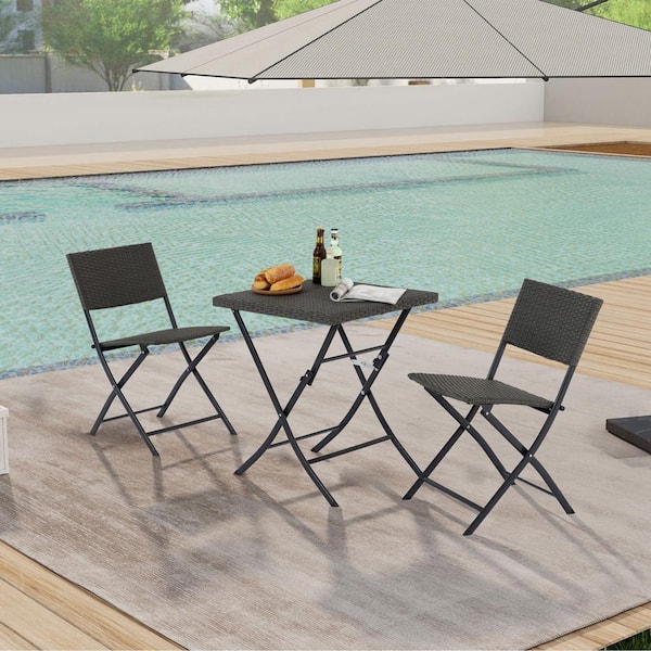 3-Piece Wicker Outdoor Bistro Set with Folding Table and 2- Chairs