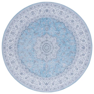 Tucson Blue/Gray 6 ft. x 6 ft. Machine Washable Border Floral Medallion Round Area Rug