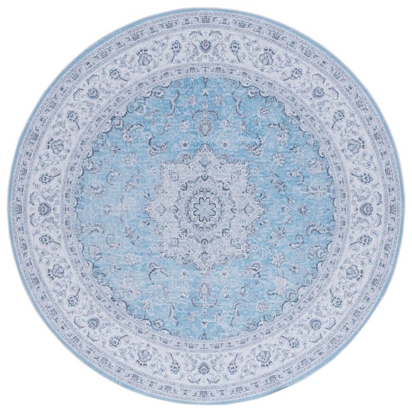 SAFAVIEH Tucson Blue/Gray 6 ft. x 6 ft. Machine Washable Border Floral Medallion Round Area Rug