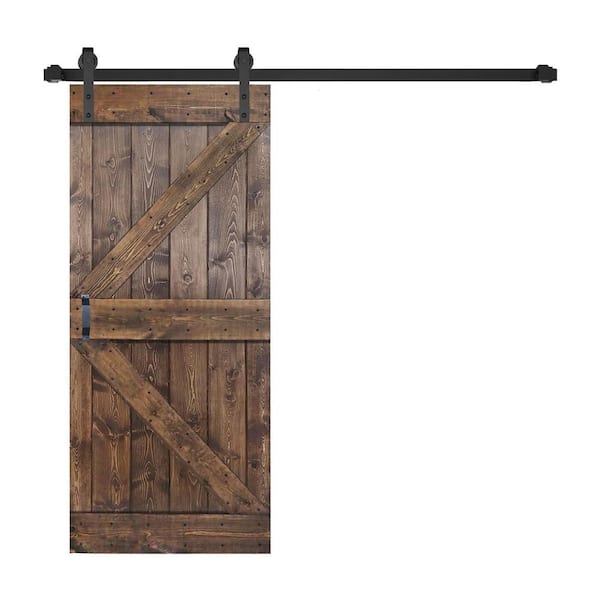 ISLIFE K Style 38 in. x 84 in. Dark Walnut Finished Soild Wood Sliding Barn Door with Hardware Kit - Assembly Needed