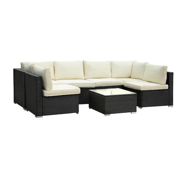 Unbranded Black 7-Piece Wicker Outdoor Sectional Sofa Set Patio Funiture Set with Beige Cushions and Coffee Table
