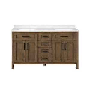Tahoe 60 in. W x 21 in. D x 34 in. H Double Sink Vanity in Almond Latte with White Engineered Marble Top, Mirrors & USB
