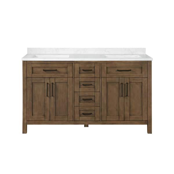 Tahoe 60 in. Double Sink Almond Latte Bath Vanity with White Engineered Marble Top, Outlet, and Mirrors (Assembled)