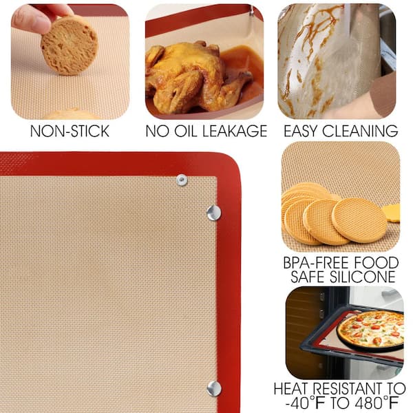 ALLINHOMIE 16.5in. x 11.6in. Non-Stick Silicone Reusable Roasting & Baking Mat Sheet Set with 4 Corner Buckles Pack of 2, Red Edge and Beige Body