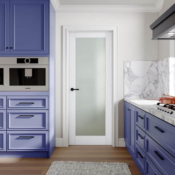36 in. x 80 in. 1-Lite Frosted Glass Left Handed White Solid Core MDF Door with Quick Assemble Jamb Kit