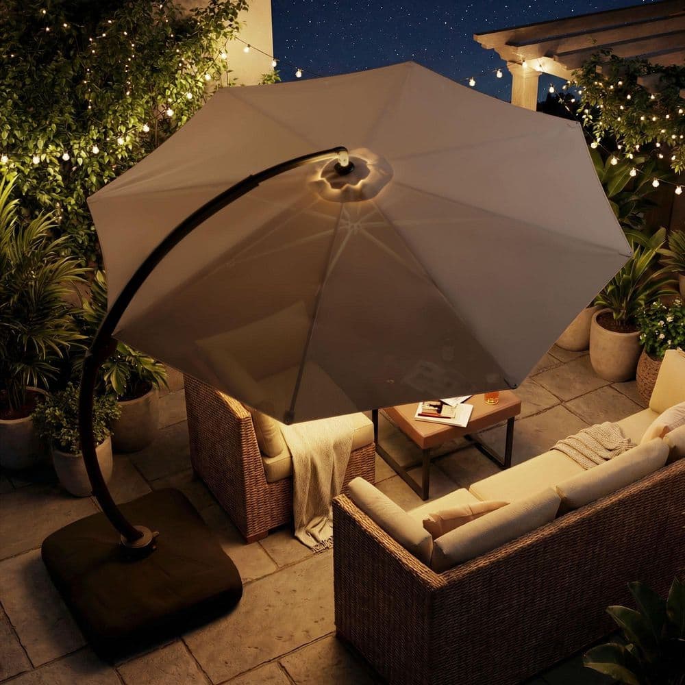 ace hardware patio umbrella with lights LAZZO 11 ft. Cantilever Patio Umbrella with LED Lights and Base, Aluminum  Offset 360° Rotation Umbrella, Champagne ACPUB185LG