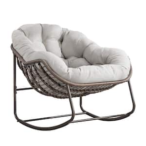 Indoor and Outdoor PE Wicker Outdoor Rocking Chair with Beige Cushion, Rocker Recliner Chair for Porch, Patio Garden