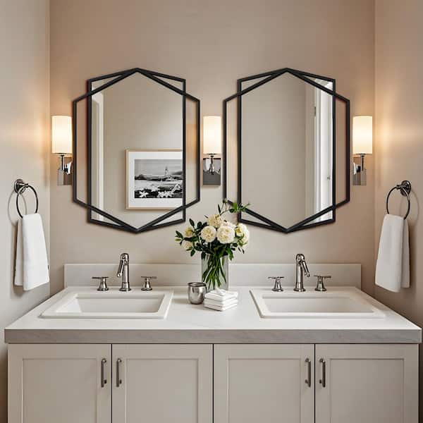 23 in. W x 32 in. H Modern Rectangular Polygonal Black Metal Frame Art Decorative Mirror Vanity Mirror Wall Mirror