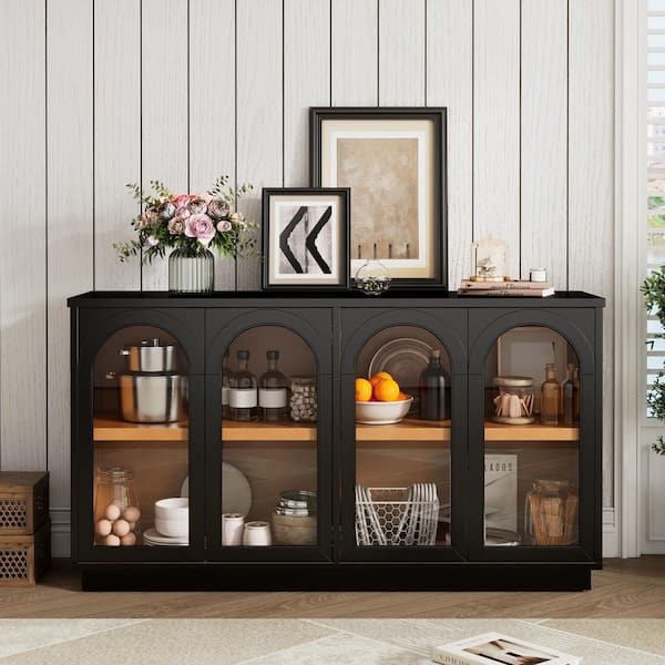 Black Wood 57.7 in. W Buffet Cabinet with Glass Doors