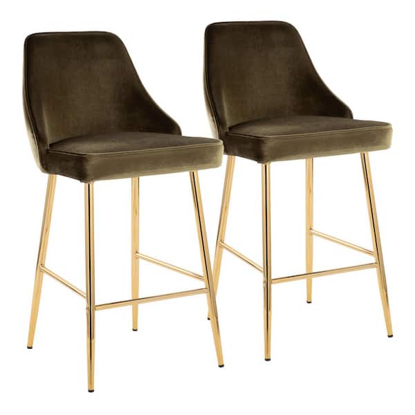Lumisource Marcel 37 in. Green Velvet and Gold Metal High Back Counter Height Bar Stool (Set of 2)