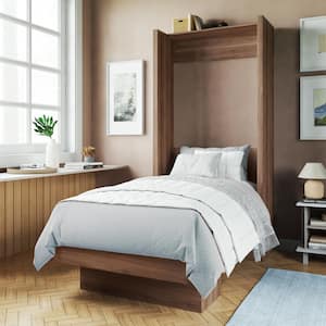 Easy-Lift Brown Wood Frame Twin Murphy Bed with Shelf