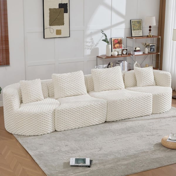 Brio Modern 137.8 in. Bubble Velvet Upholstered Rectangle Full-Compressed Boneless Sectional Sofa in Grey with Pillows