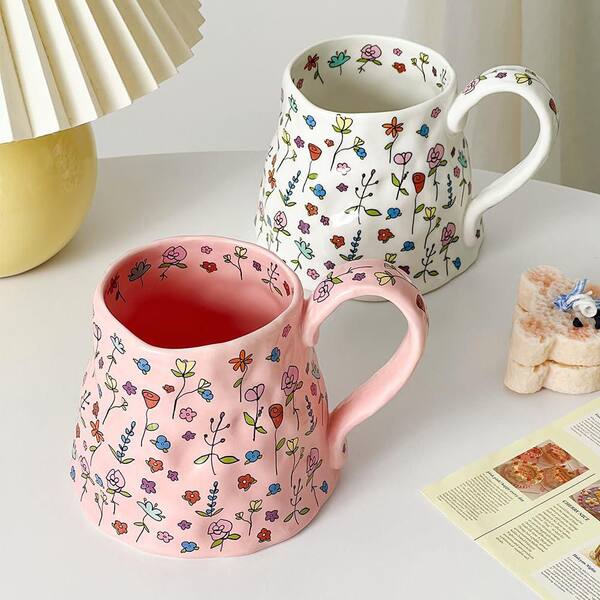 Numhew 20 oz. Pink Ceramic Summer Floral Irregular Oversized Coffee Mug with Handmade Big Handle for Daily Drinks (Set of 1)