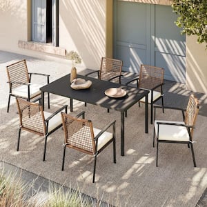 Brown 7-Piece Wicker Rectangular Outdoor Dining Set with Beige Cushions