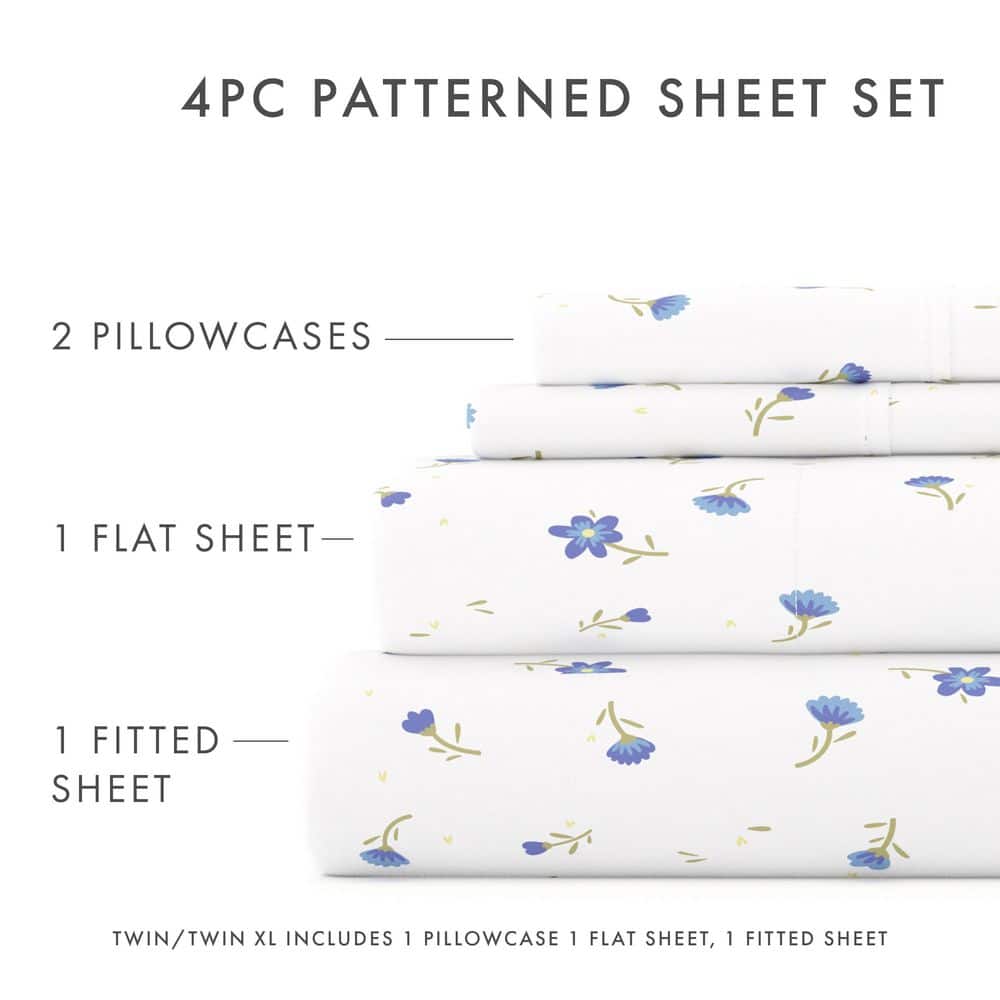 Light Blue Floral Microfiber California King Sheet Set