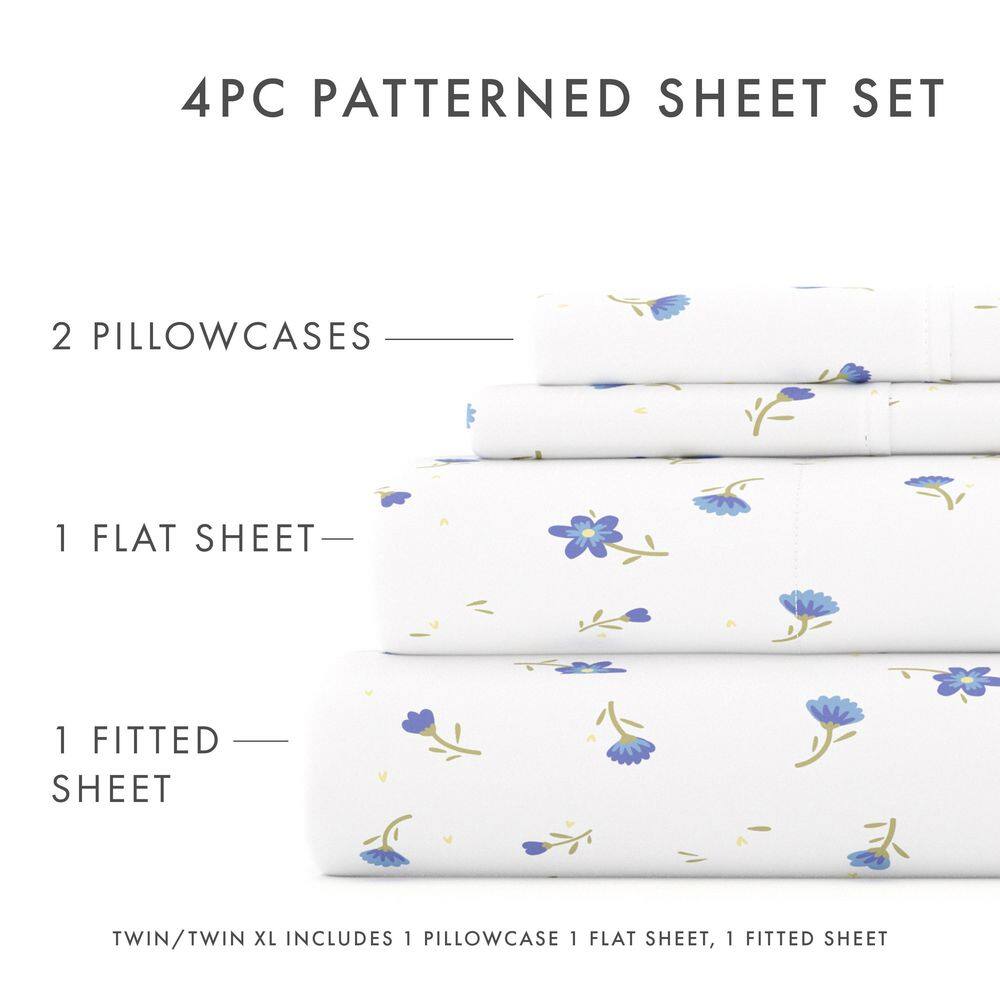 Light Blue Floral Twin Microfiber Deep Pocket Sheet Set