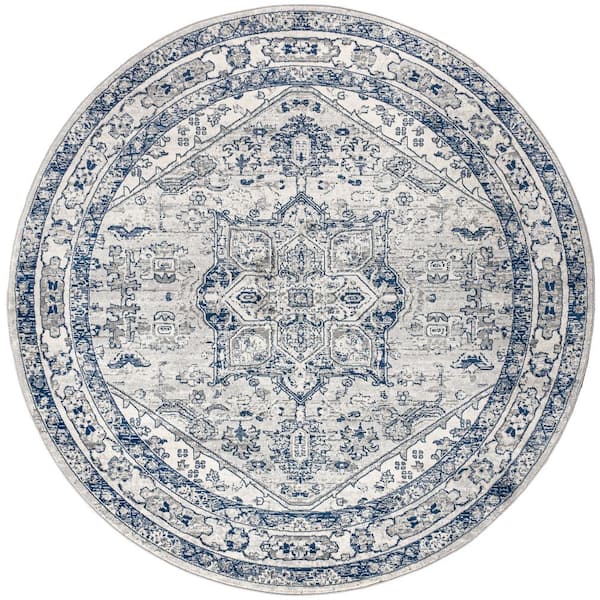Modern Persian Vintage Medallion Light Grey/Navy 6 ft. 7 in. Round Area Rug