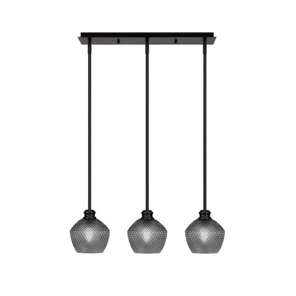Unbranded Albany 60-Watt 3-Light Espresso Linear Pendant Light with Smoke Textured Glass Shades and No Bulbs Included